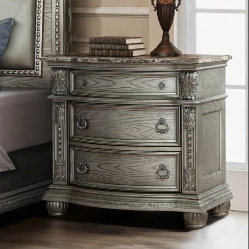 Grey Nightstand with Brown Marble Top
