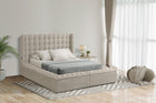 Beige Upholstered Bed with Grid-Tufted Headboard & USB Ports