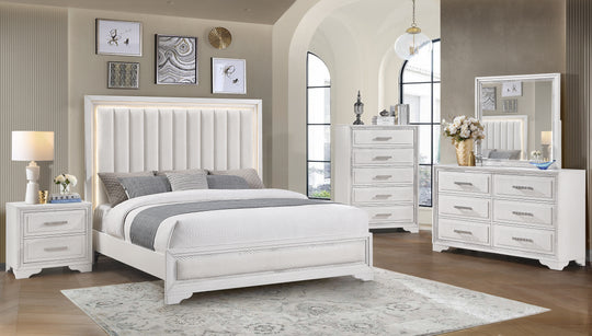 White Contemporary Glam 6-Piece Bedroom Set w/ LED Upholstered Channel Headboard