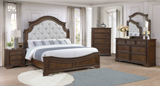 Traditional 6-Piece Bedroom Set with Tufted Upholstered Panel Bed, Dresser, Mirror & Nightstand (Dark Brown)