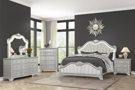 Glam 6-Piece Bedroom Set in Silver with LED Headboard, Beveled LED Mirror, Dresser, and USB Nightstand
