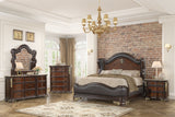 Luxury Traditional 6-Piece Bedroom Set in Cherry with Upholstered Headboard, Marble-Top Dresser, Gold Leaf Accents, and Nightstand
