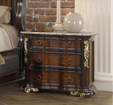 Luxury Traditional 3-Drawer Nightstand in Cherry with Genuine Marble Top, Gold Leaf Accents