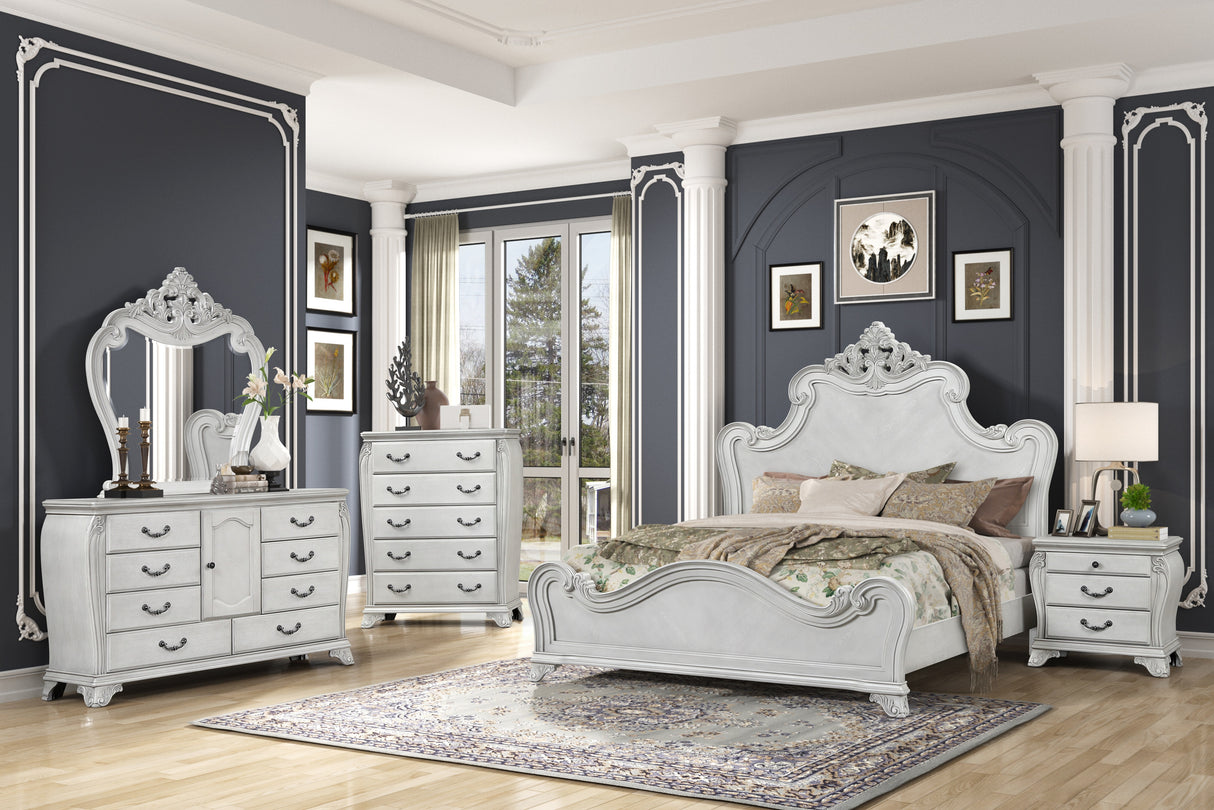 Antique White 6-Piece Traditional Bedroom Set with Dresser, Mirror & Nightstand
