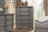 Gray Ornate Carved 5-Drawer Bedroom Chest with Marble Insert Top