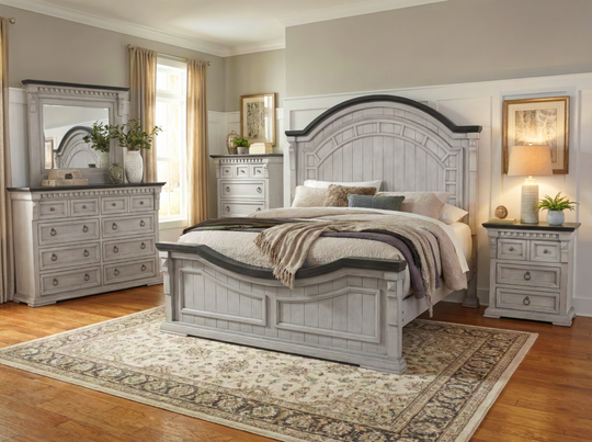 Mission Crest Rustic Farmhouse 6-Piece Bedroom Set – Two-Tone Gray/White Panel Bed