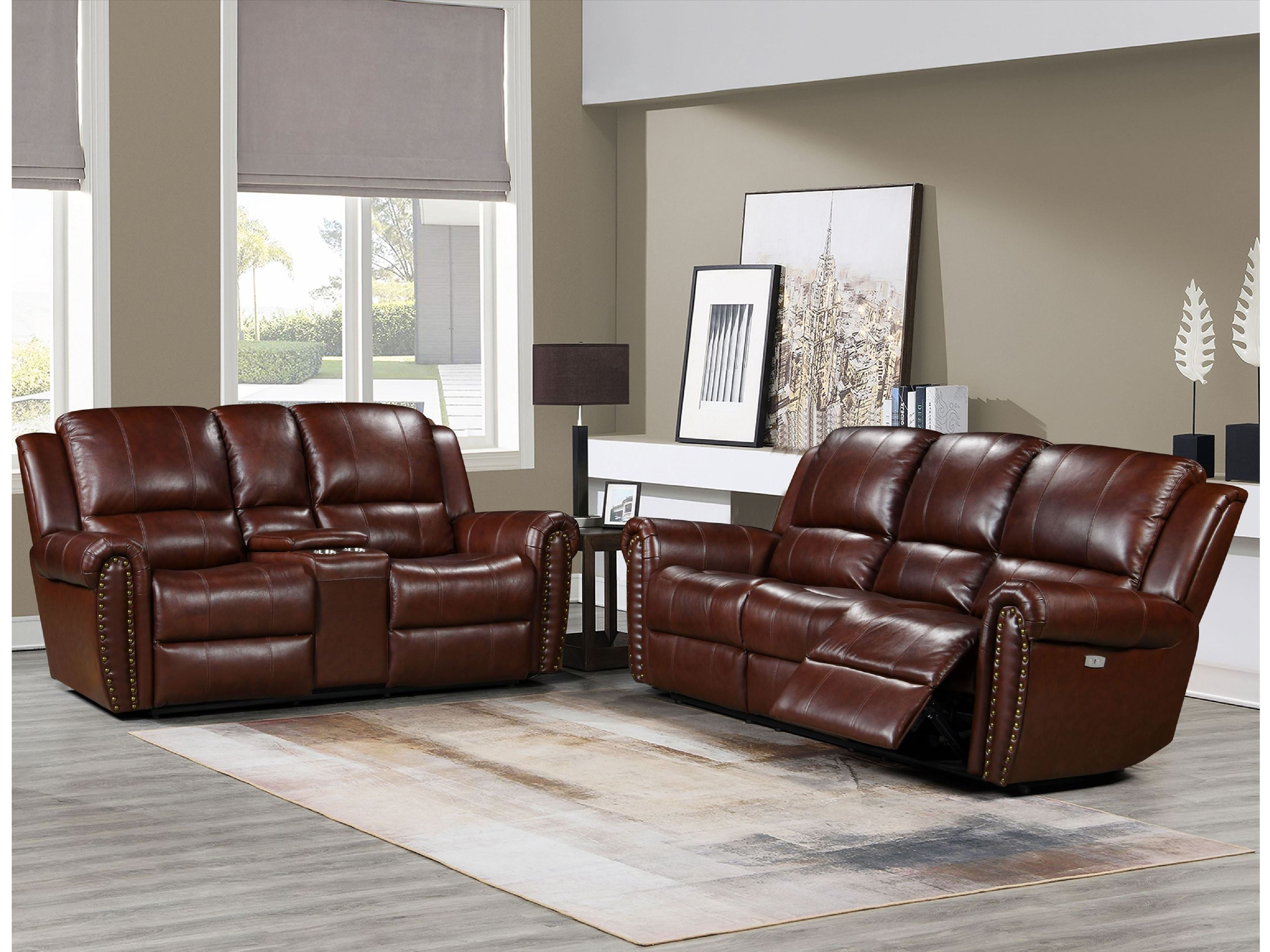 2-Piece Living Room Set: Power Reclining Sofa & Stationary Loveseat - Top Grain Leather