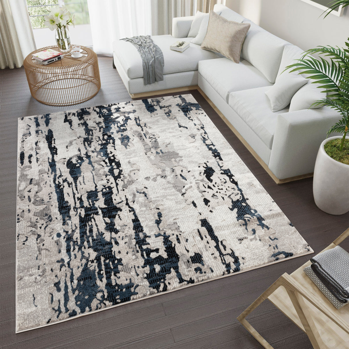 .Velvet Blue & Gray Abstract Area Rug 6'6" x 9'0"