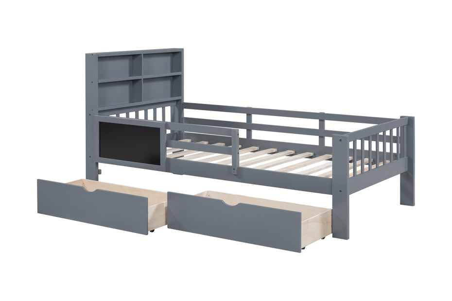 Twin Size Bed with Bookcase Headboard and Two Drawers