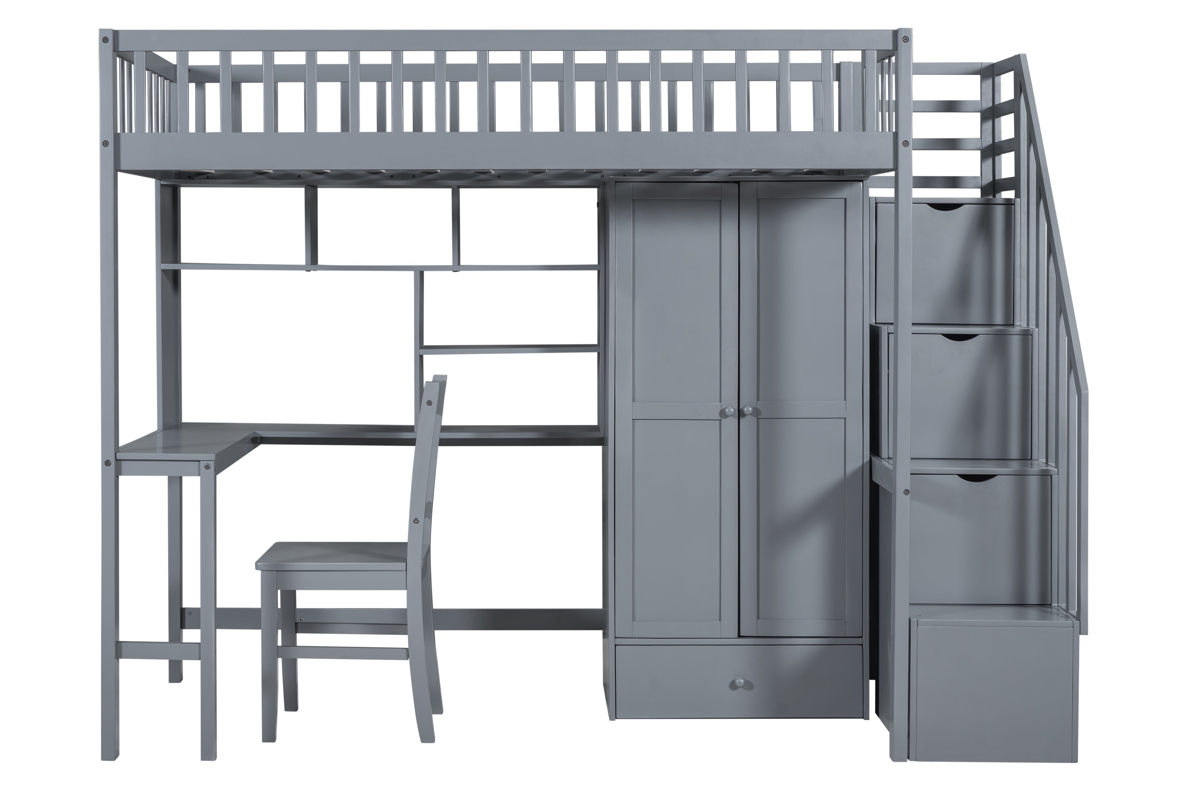 Twin Size Loft Bed with Integrated Desk, Bookshelf, Wardrobe, and Chair