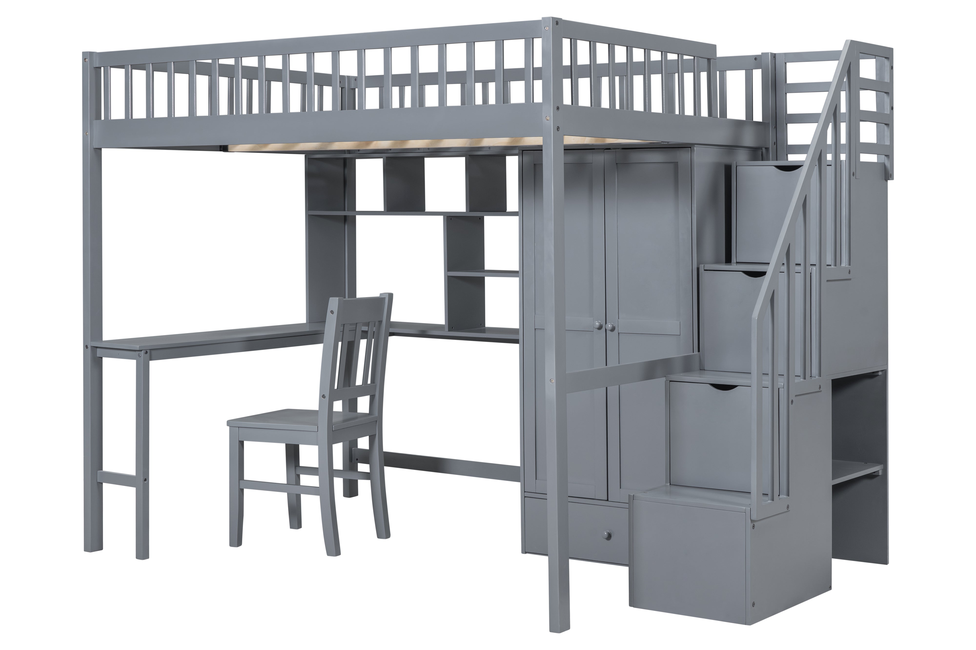 Full-Size Loft Bed with Built-in Desk, Bookshelf, Wardrobe, and Chair