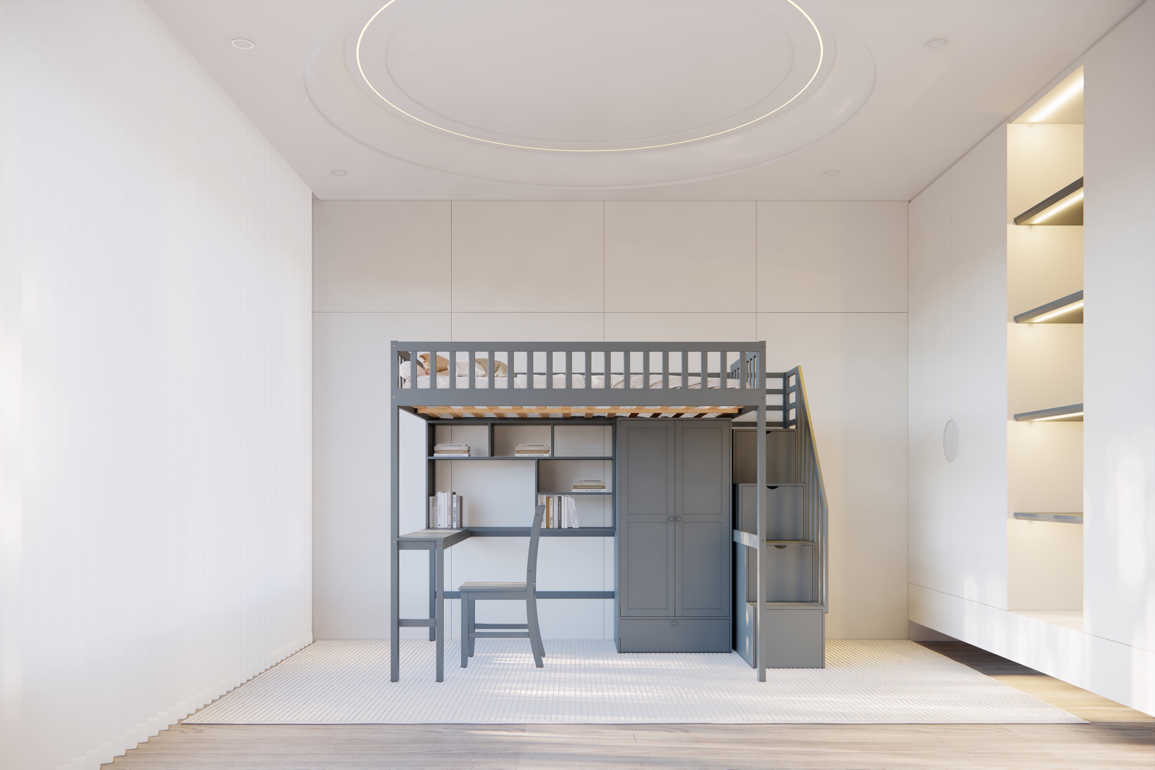 Full-Size Loft Bed with Built-in Desk, Bookshelf, Wardrobe, and Chair