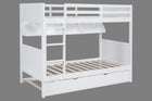 White Twin-Over-Twin Bunk Bed with Bookshelf & Roll-Out Trundle