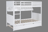 White Twin-Over-Twin Bunk Bed with Bookshelf & Roll-Out Trundle