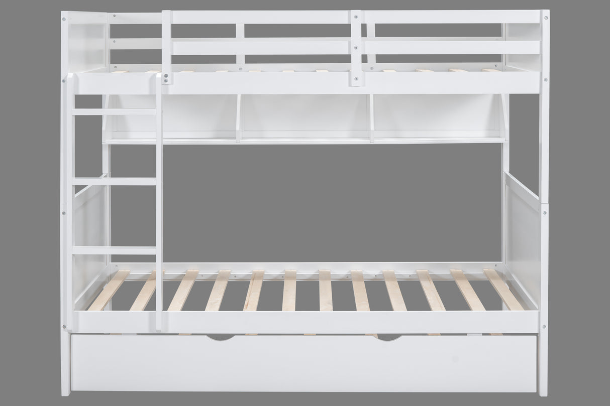 White Twin-Over-Twin Bunk Bed with Bookshelf & Roll-Out Trundle