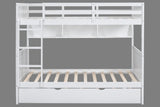 White Twin-Over-Twin Bunk Bed with Bookshelf & Roll-Out Trundle