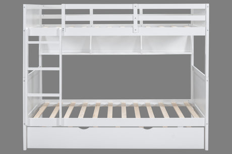 White Twin-Over-Twin Bunk Bed with Bookshelf & Roll-Out Trundle - view 3