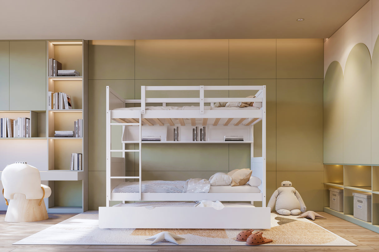 White Twin-Over-Twin Bunk Bed with Bookshelf & Roll-Out Trundle