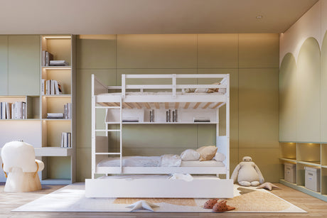 White Twin-Over-Twin Bunk Bed with Bookshelf & Roll-Out Trundle