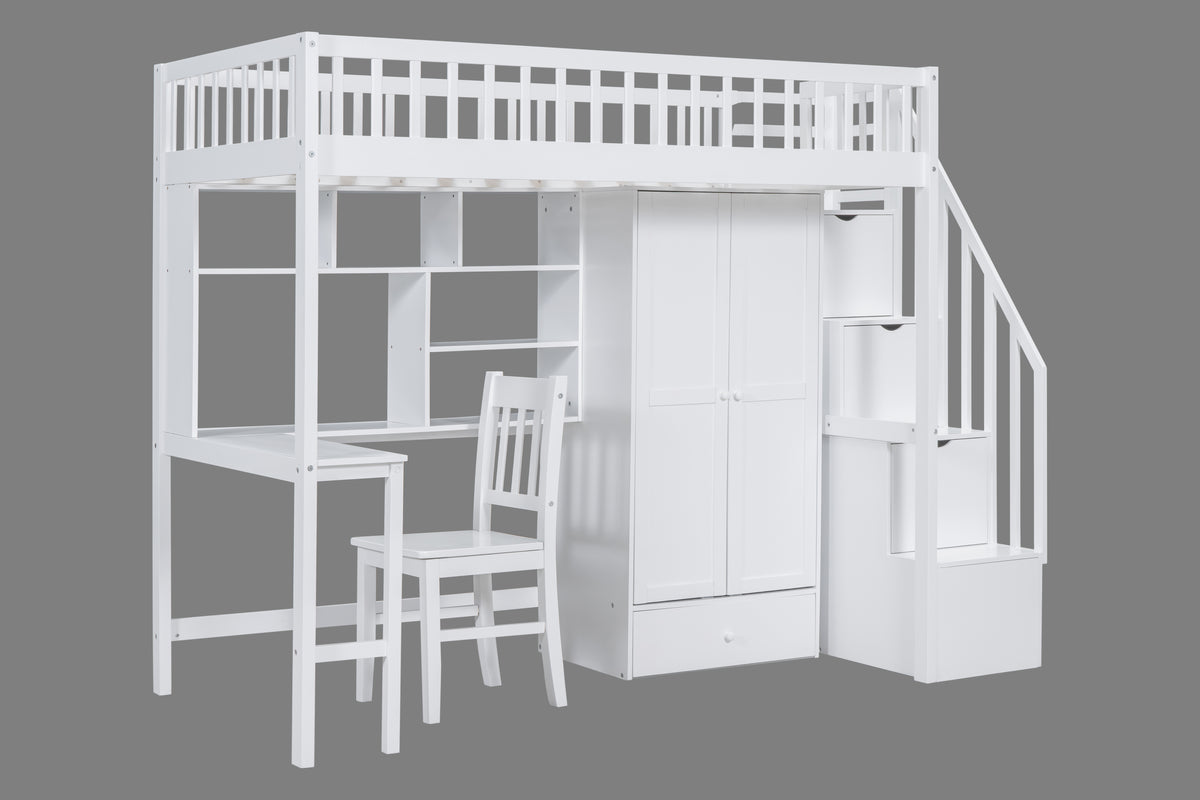 Twin Size Loft Bed with Integrated Desk, Bookshelf, Wardrobe, and Chair by Mollai Collections | Bel Furniture