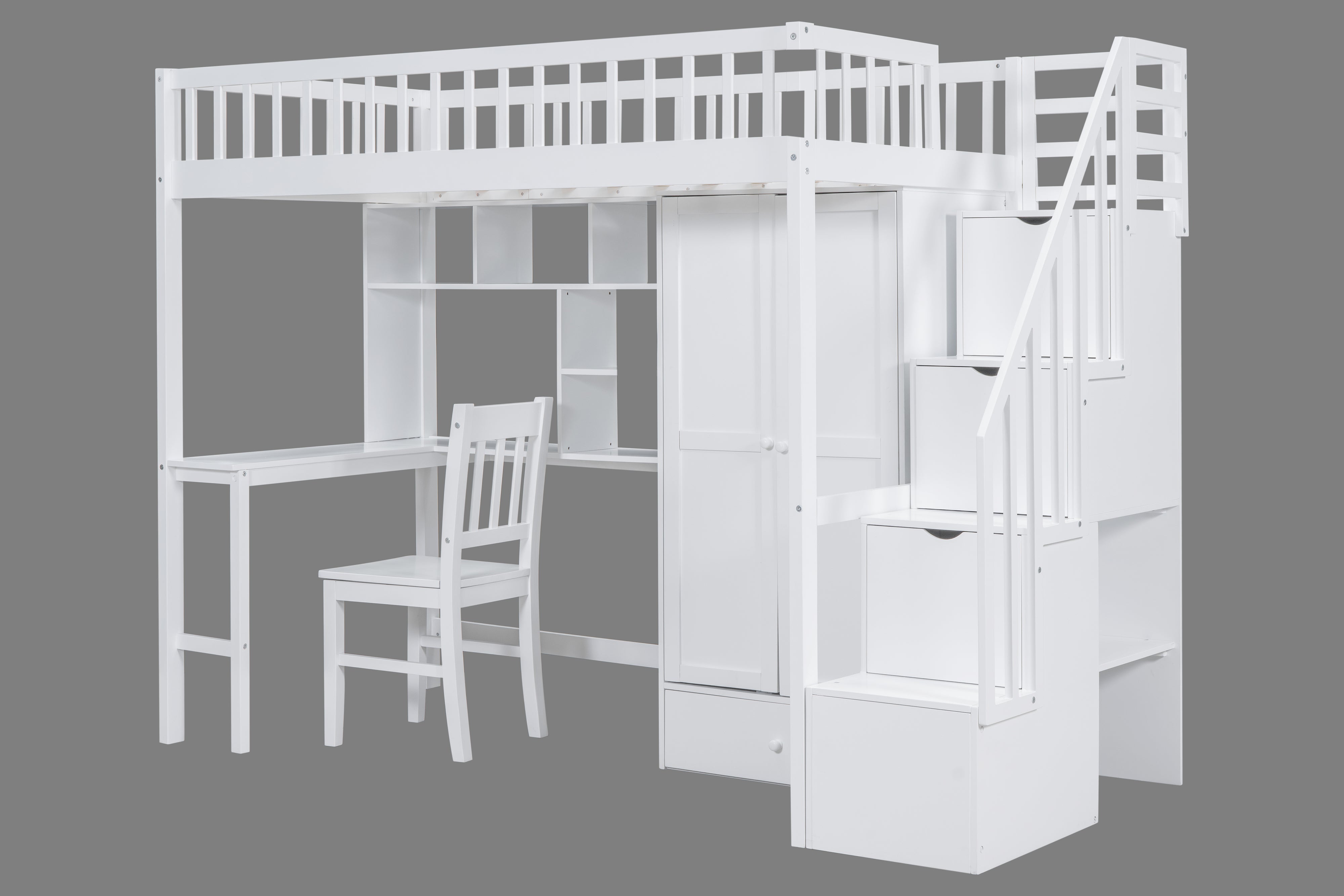 Twin Size Loft Bed with Integrated Desk, Bookshelf, Wardrobe, and Chair