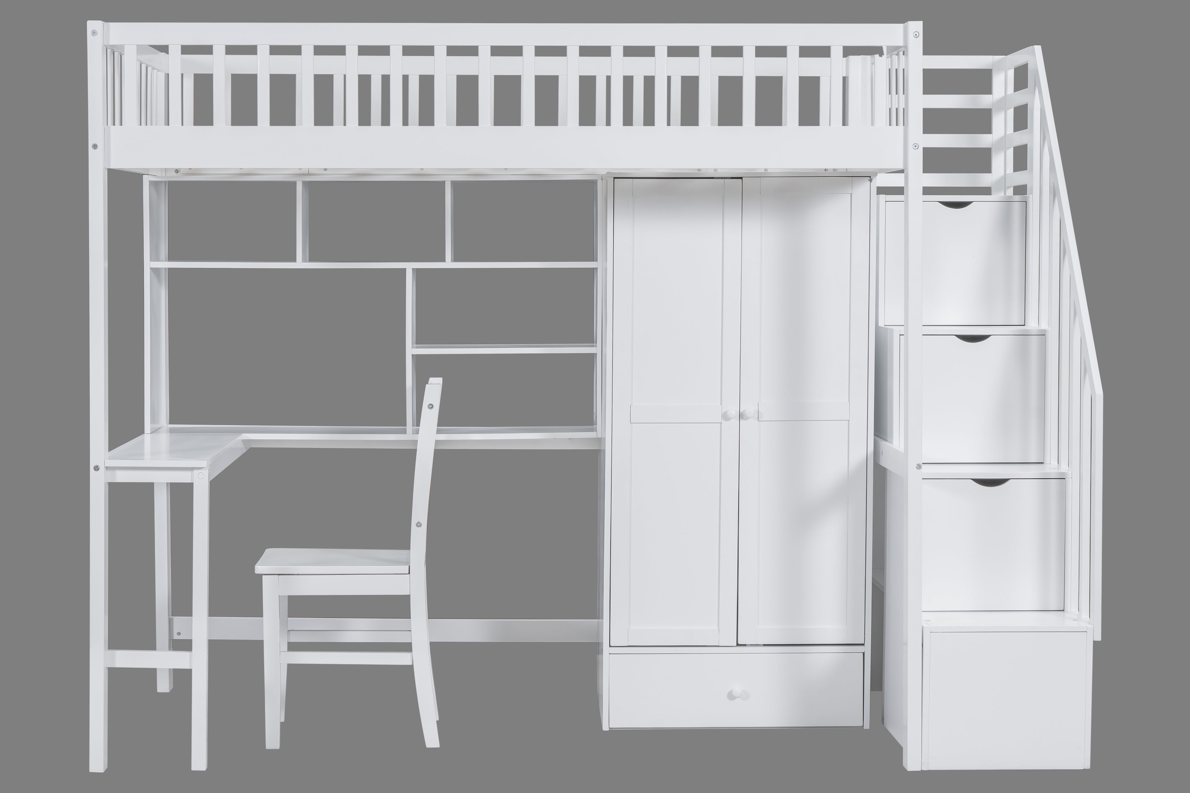 Twin Size Loft Bed with Integrated Desk, Bookshelf, Wardrobe, and Chair