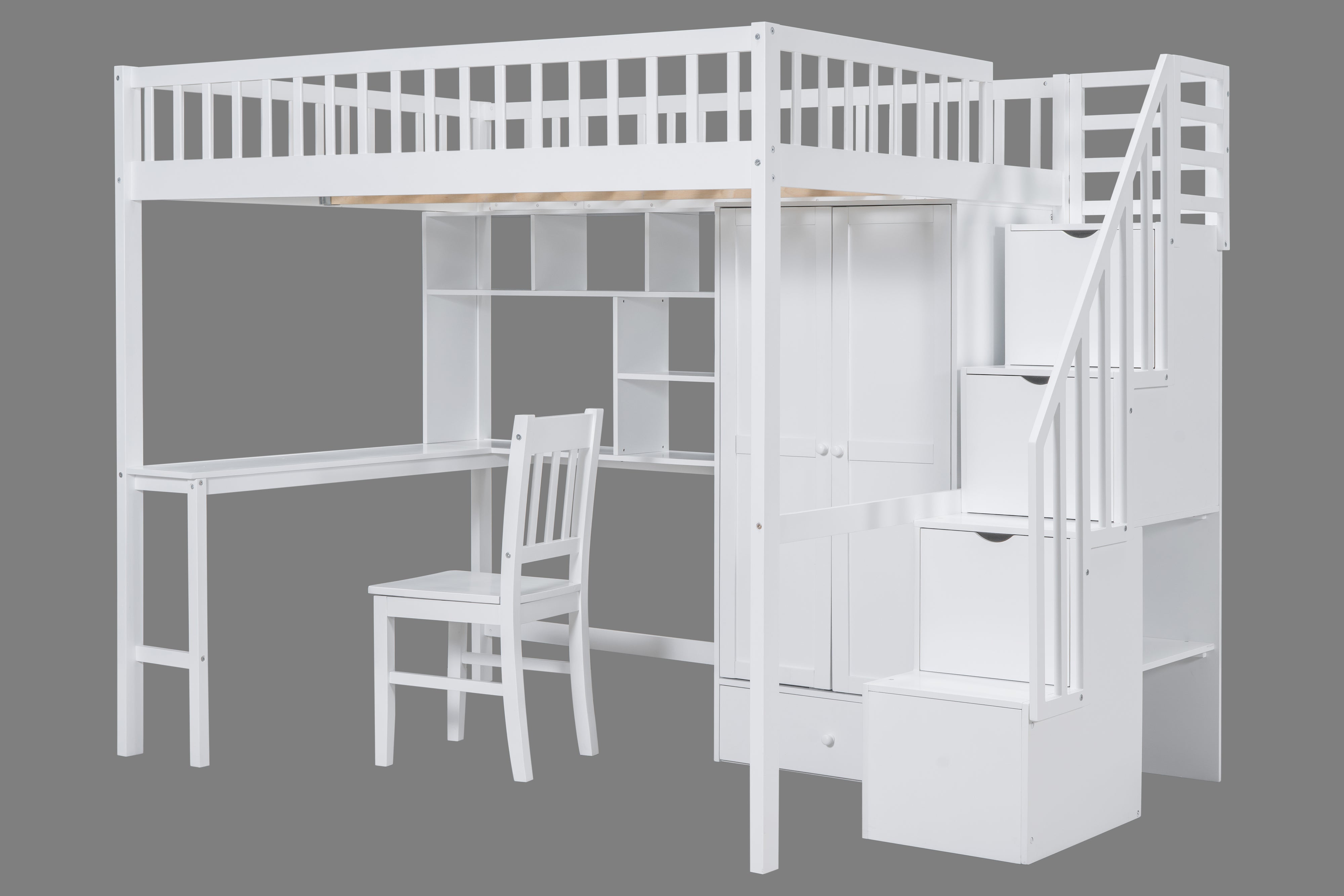 Full-Size Loft Bed with Built-in Desk, Bookshelf, Wardrobe, and Chair