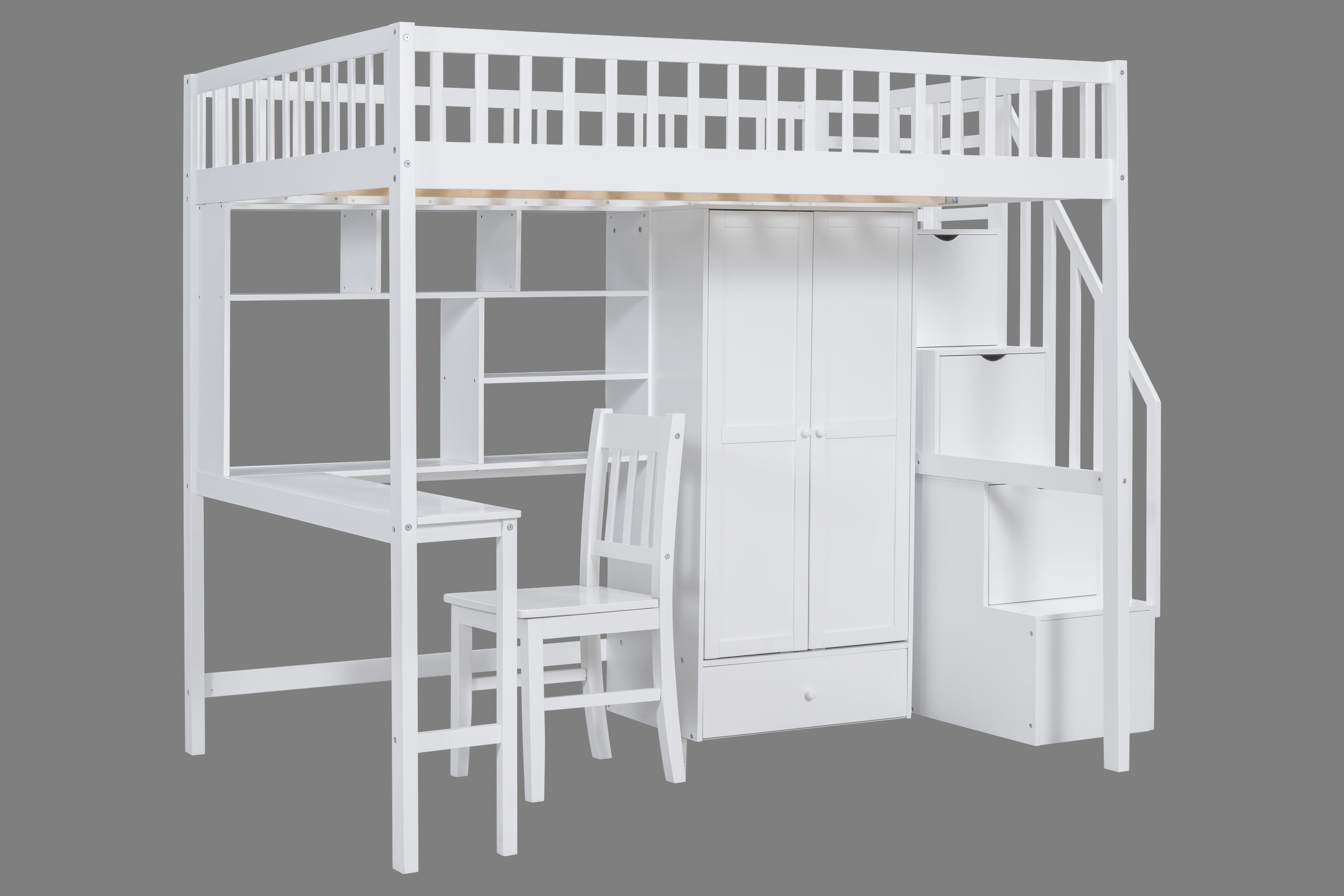 Full-Size Loft Bed with Built-in Desk, Bookshelf, Wardrobe, and Chair