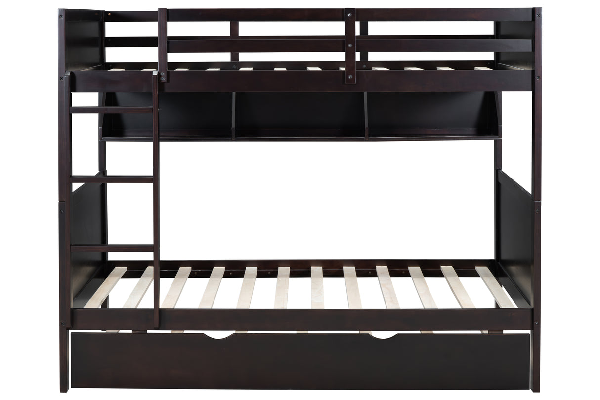 Espresso Twin-Over-Twin Bunk Bed with Bookshelf & Roll-Out Trundle
