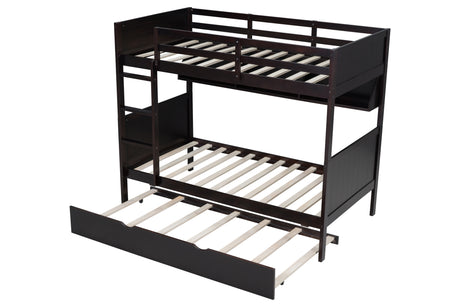 Espresso Twin-Over-Twin Bunk Bed with Bookshelf & Roll-Out Trundle