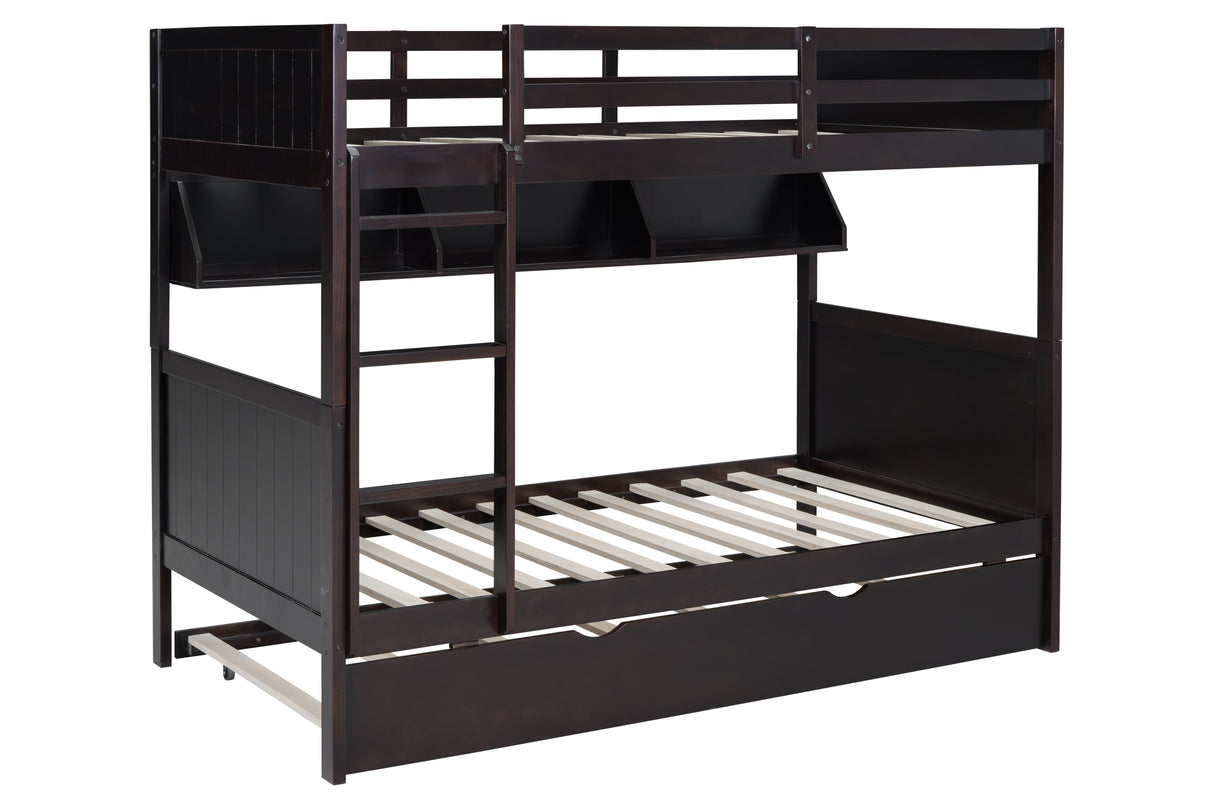 Espresso Twin-Over-Twin Bunk Bed with Bookshelf & Roll-Out Trundle