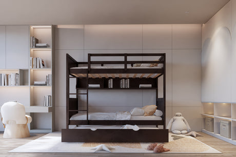 Bunk bed in a modern bedroom with shelves and decor