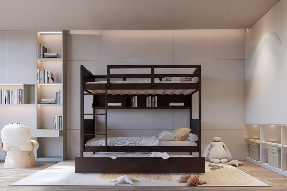 Twin over Twin Bunk Bed with Trundle and Bookshelf