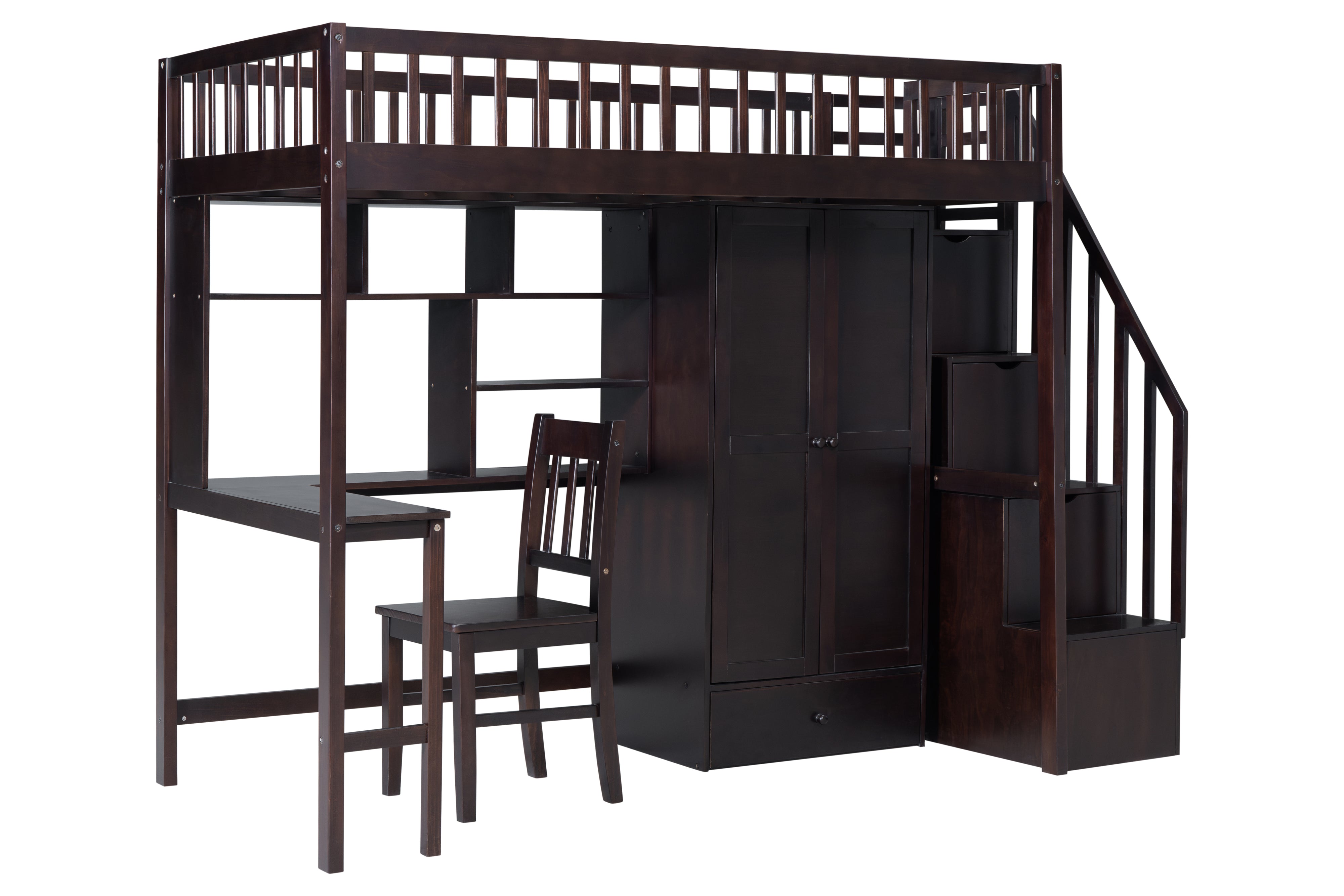 Twin Size Loft Bed with Integrated Desk, Bookshelf, Wardrobe, and Chair