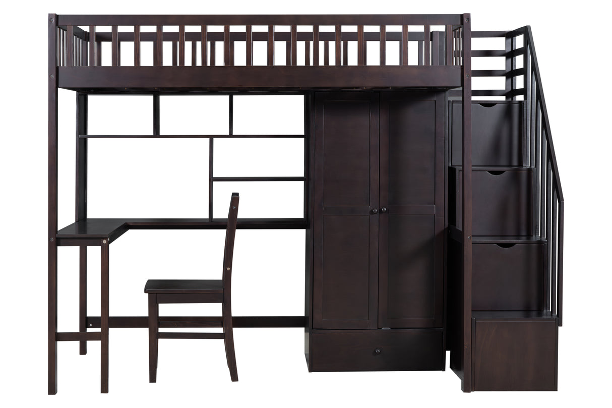 Twin Size Loft Bed with Integrated Desk, Bookshelf, Wardrobe, and Chair by Mollai Collections | Bel Furniture