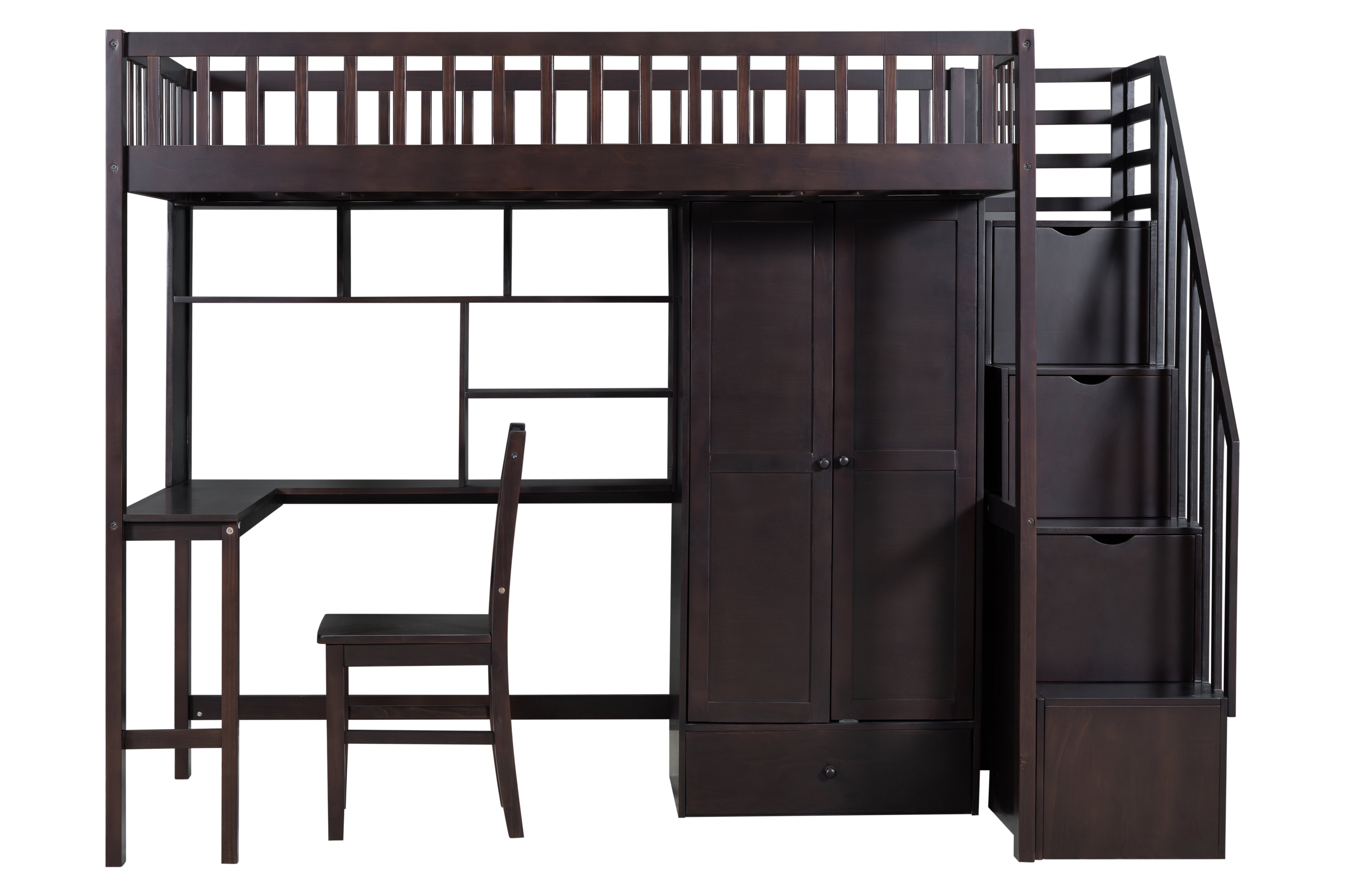 Twin Size Loft Bed with Integrated Desk, Bookshelf, Wardrobe, and Chair