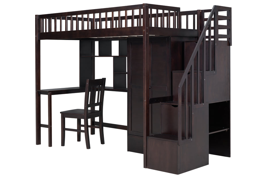 Twin Size Loft Bed with Integrated Desk, Bookshelf, Wardrobe, and Chair