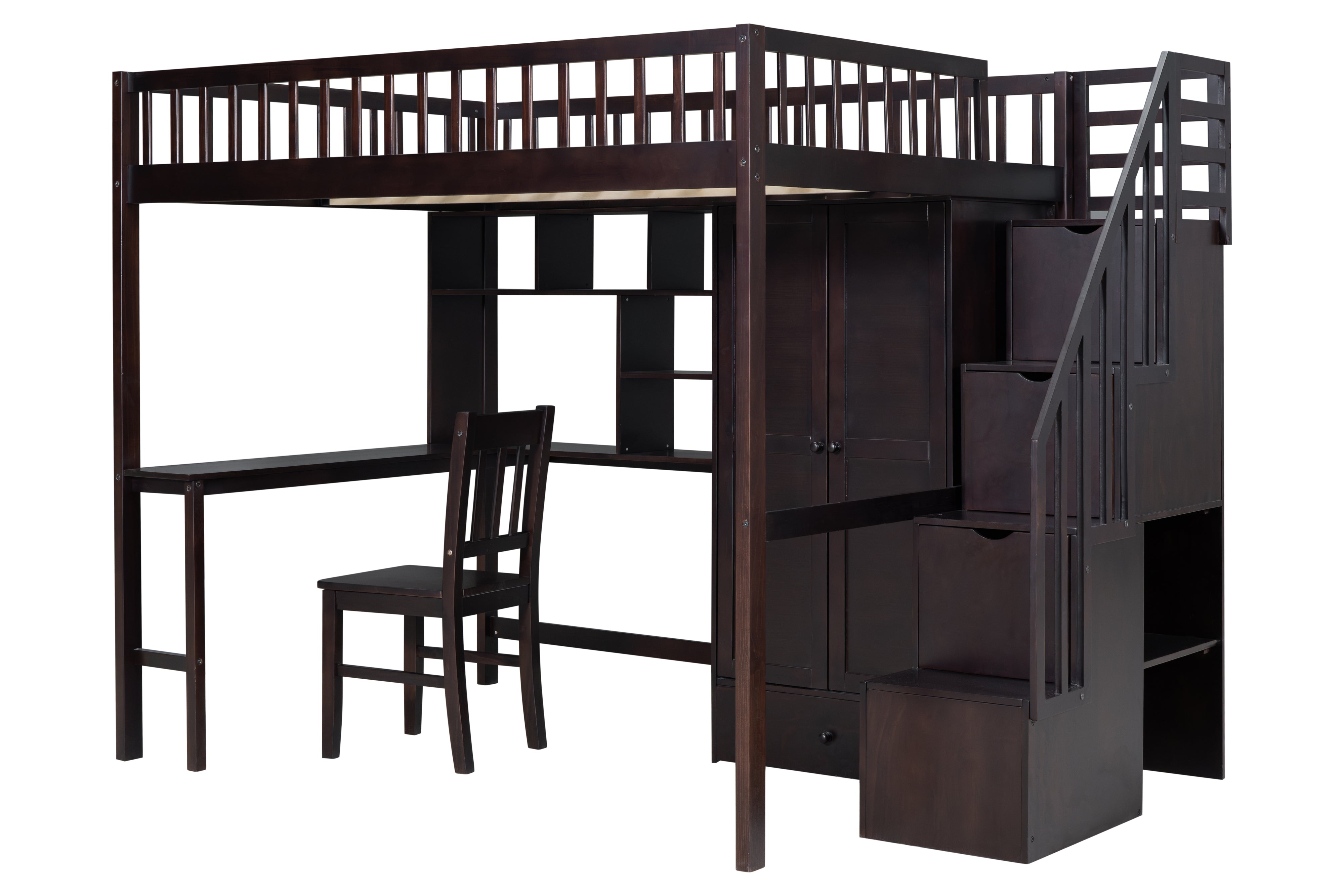 Full-Size Loft Bed with Built-in Desk, Bookshelf, Wardrobe, and Chair