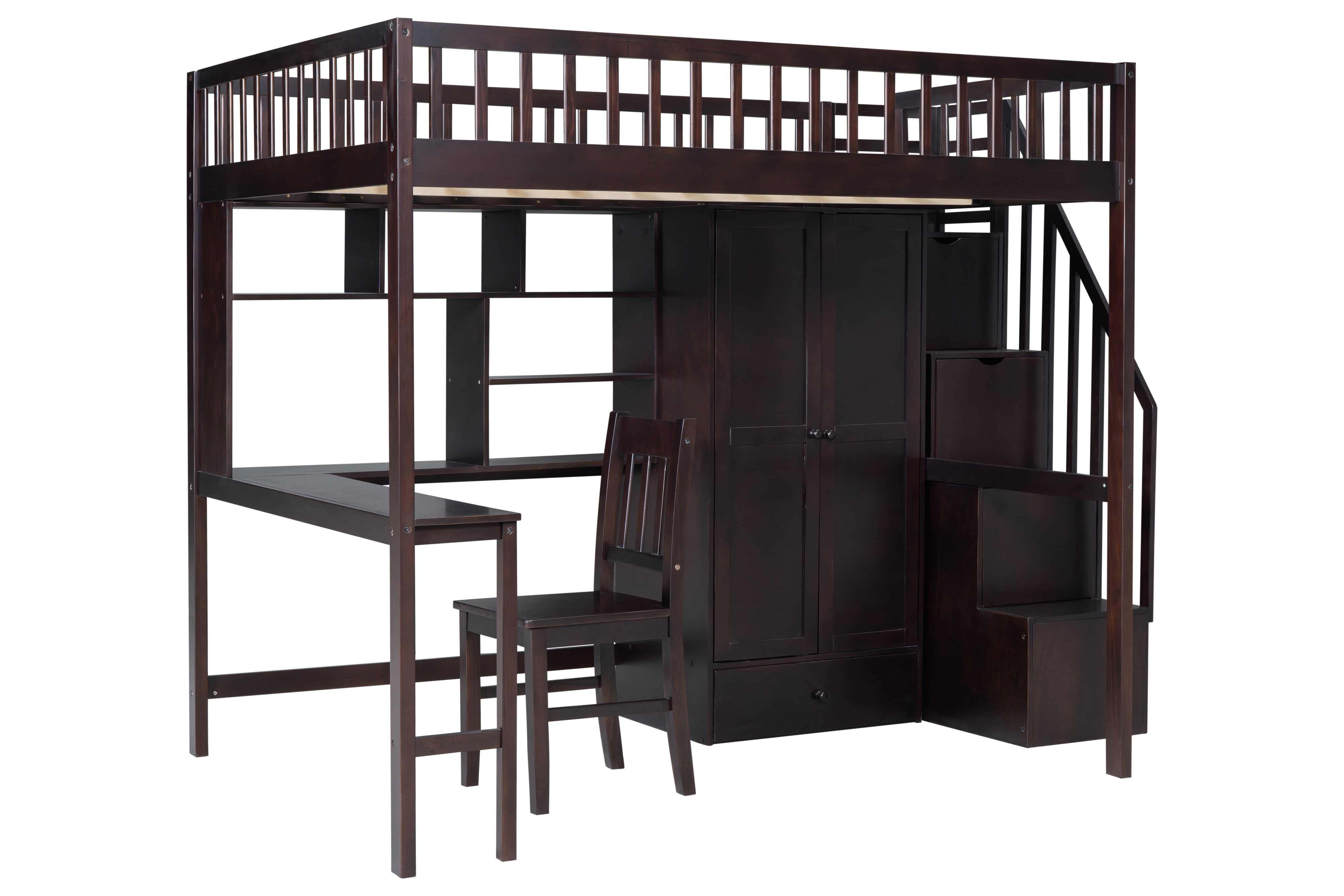 Full-Size Loft Bed with Built-in Desk, Bookshelf, Wardrobe, and Chair