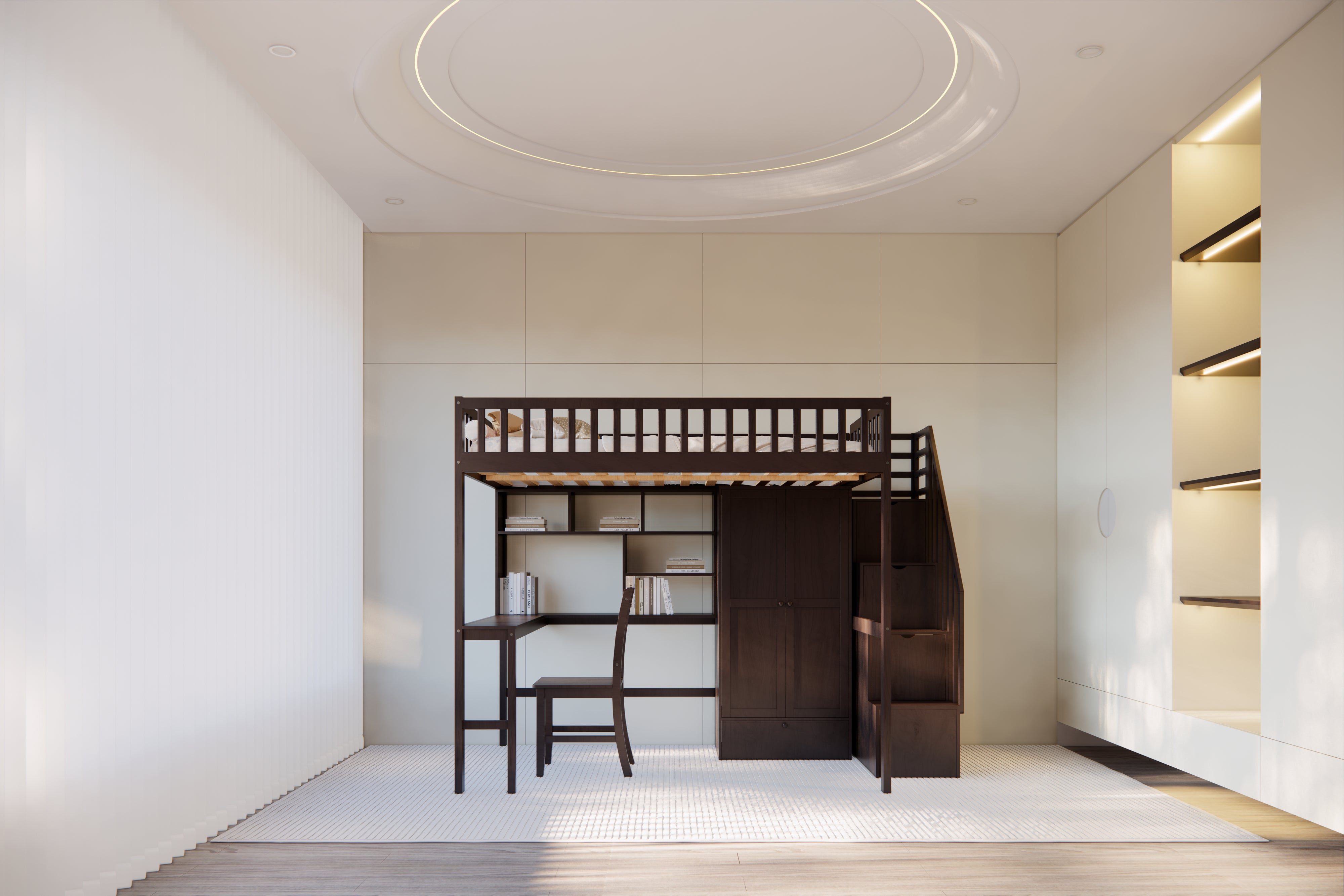 Full-Size Loft Bed with Built-in Desk, Bookshelf, Wardrobe, and Chair