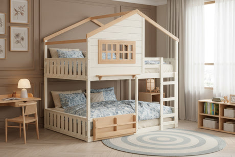 Wooden children's house bed in a room with a desk and bookshelf.