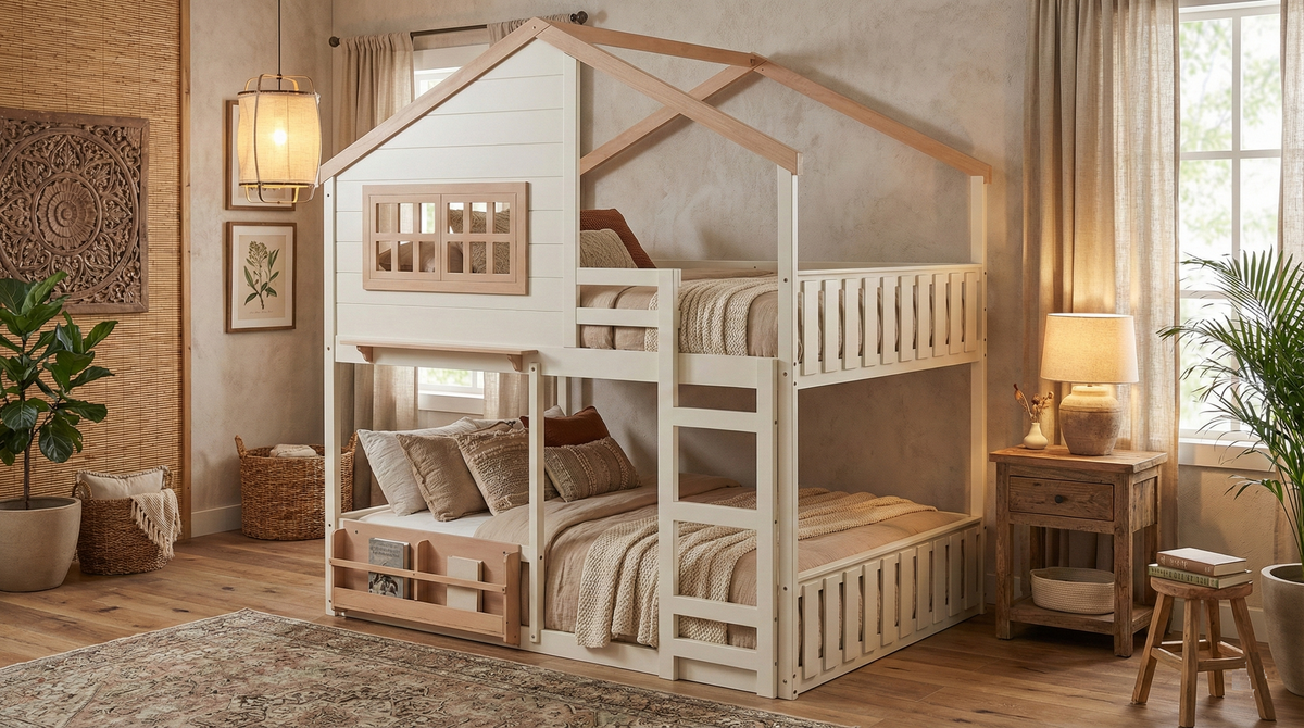 Modern Farmhouse House-Frame Full-over-Full Bunk Bed with Ladder & Built-In Shelf (Cream)
