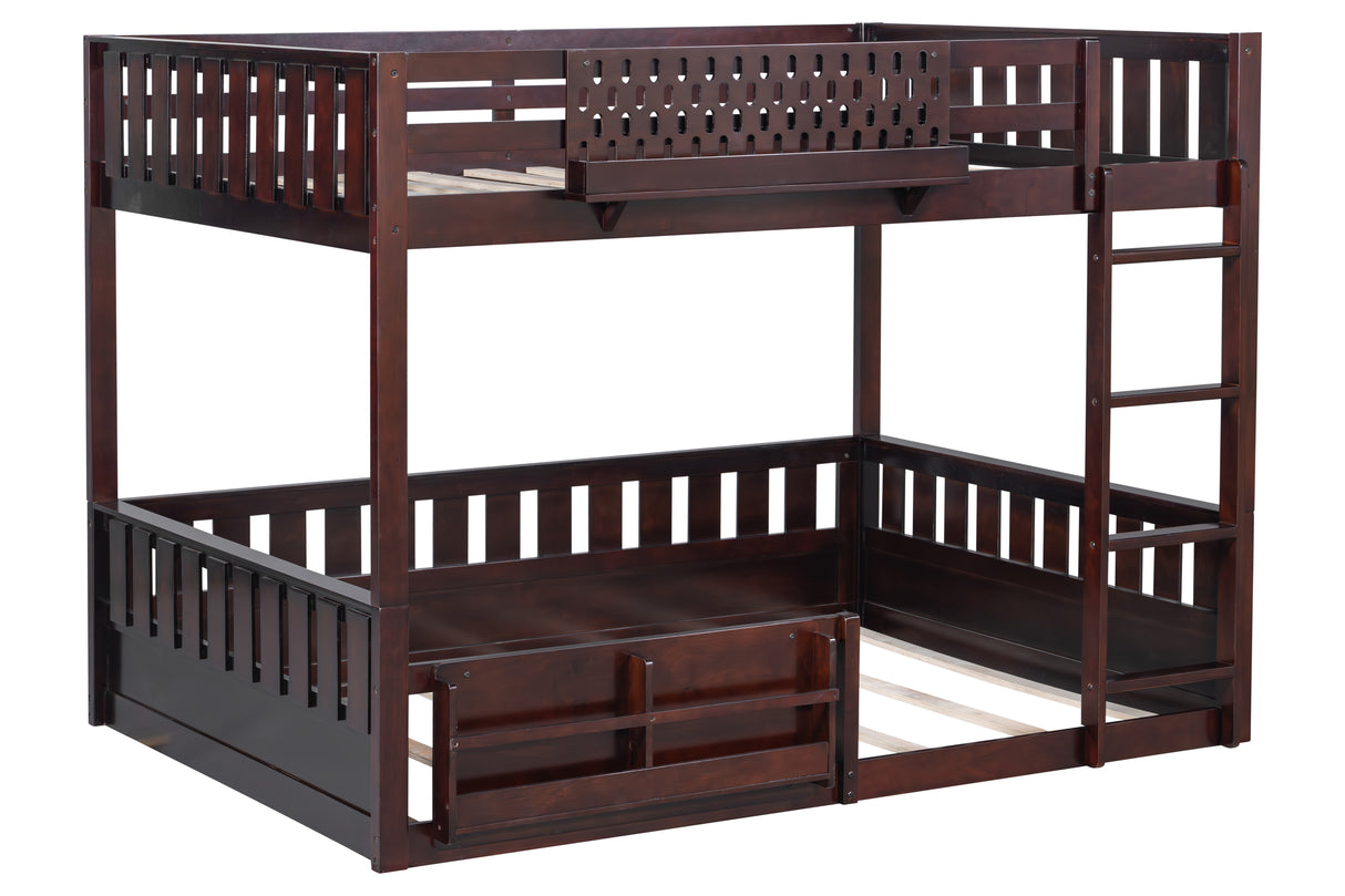 Espresso Full-Over-Full Bunk Bed with Built-In Bookshelf, Guardrail, and Ladder