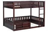 Espresso Full-Over-Full Bunk Bed with Built-In Bookshelf, Guardrail, and Ladder