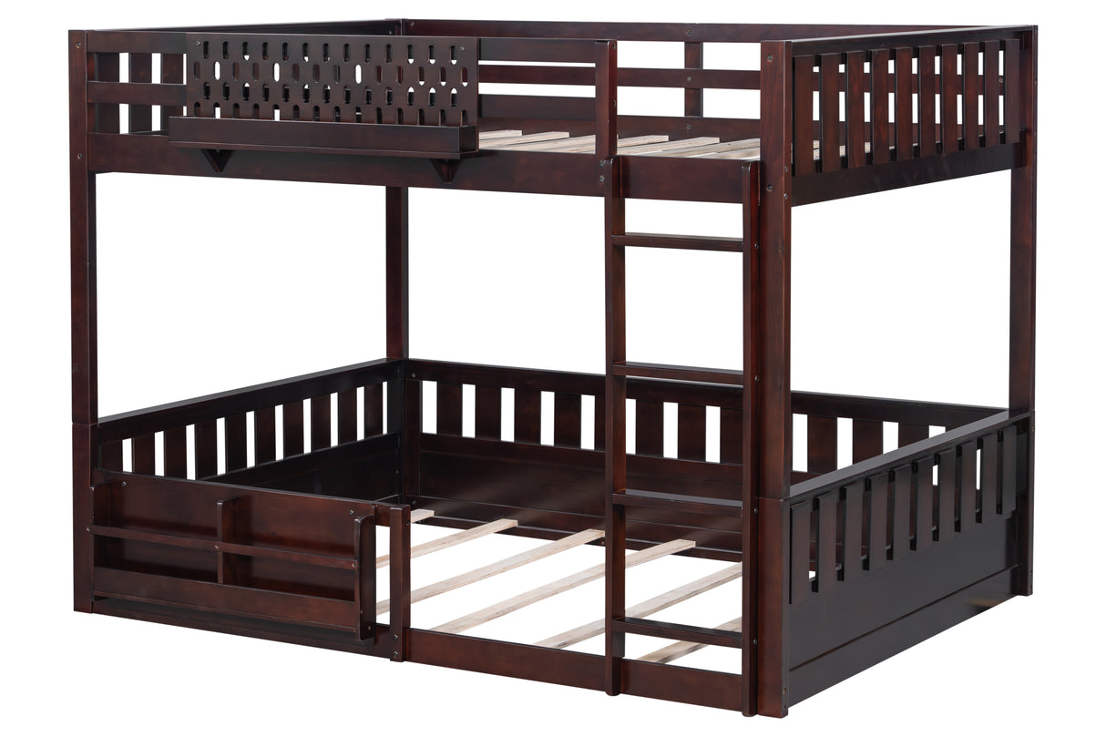 Espresso Full-Over-Full Bunk Bed with Built-In Bookshelf, Guardrail, and Ladder