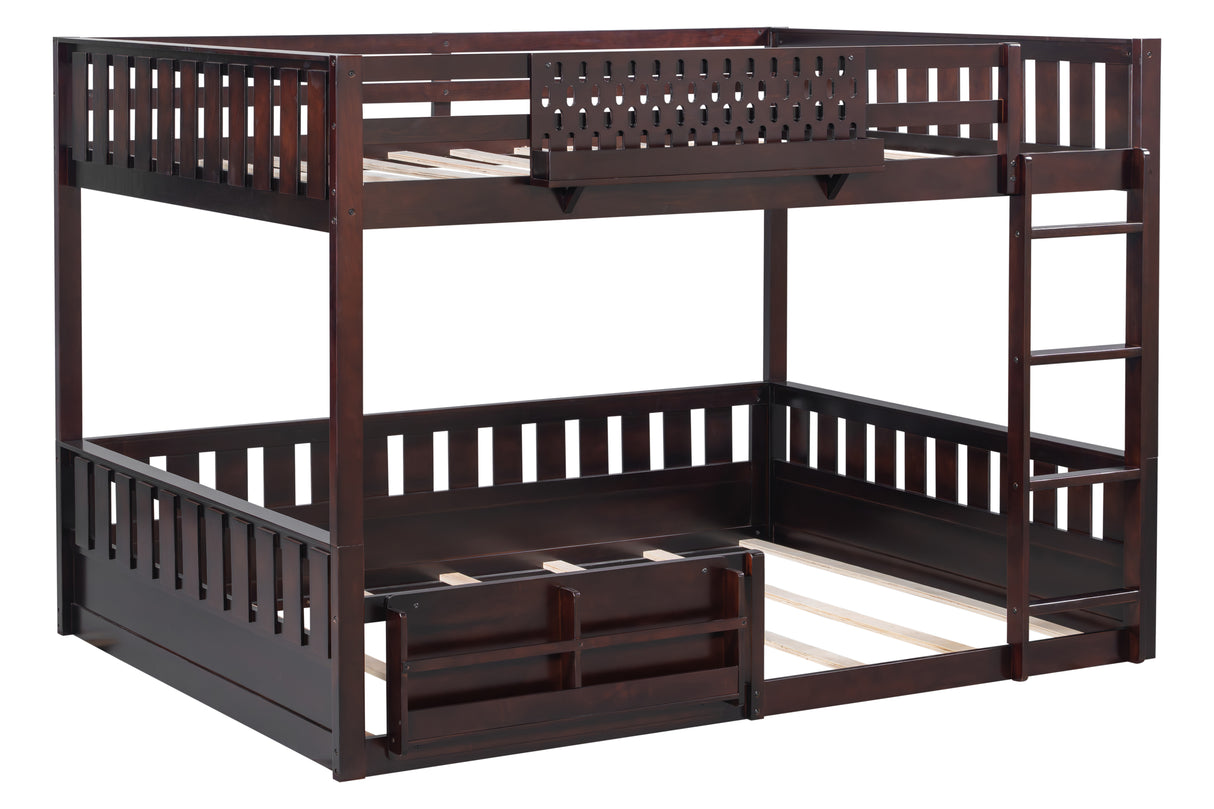 Espresso Queen-Over-Queen Bunk Bed with Built-In Bookshelves, Guardrail, and Ladder