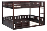 Espresso Queen-Over-Queen Bunk Bed with Built-In Bookshelves, Guardrail, and Ladder