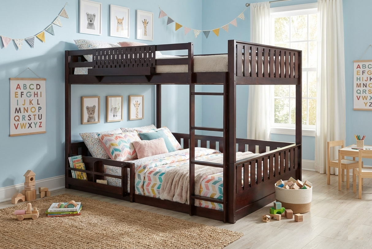 Espresso Queen-Over-Queen Bunk Bed with Built-In Bookshelves, Guardrail, and Ladder