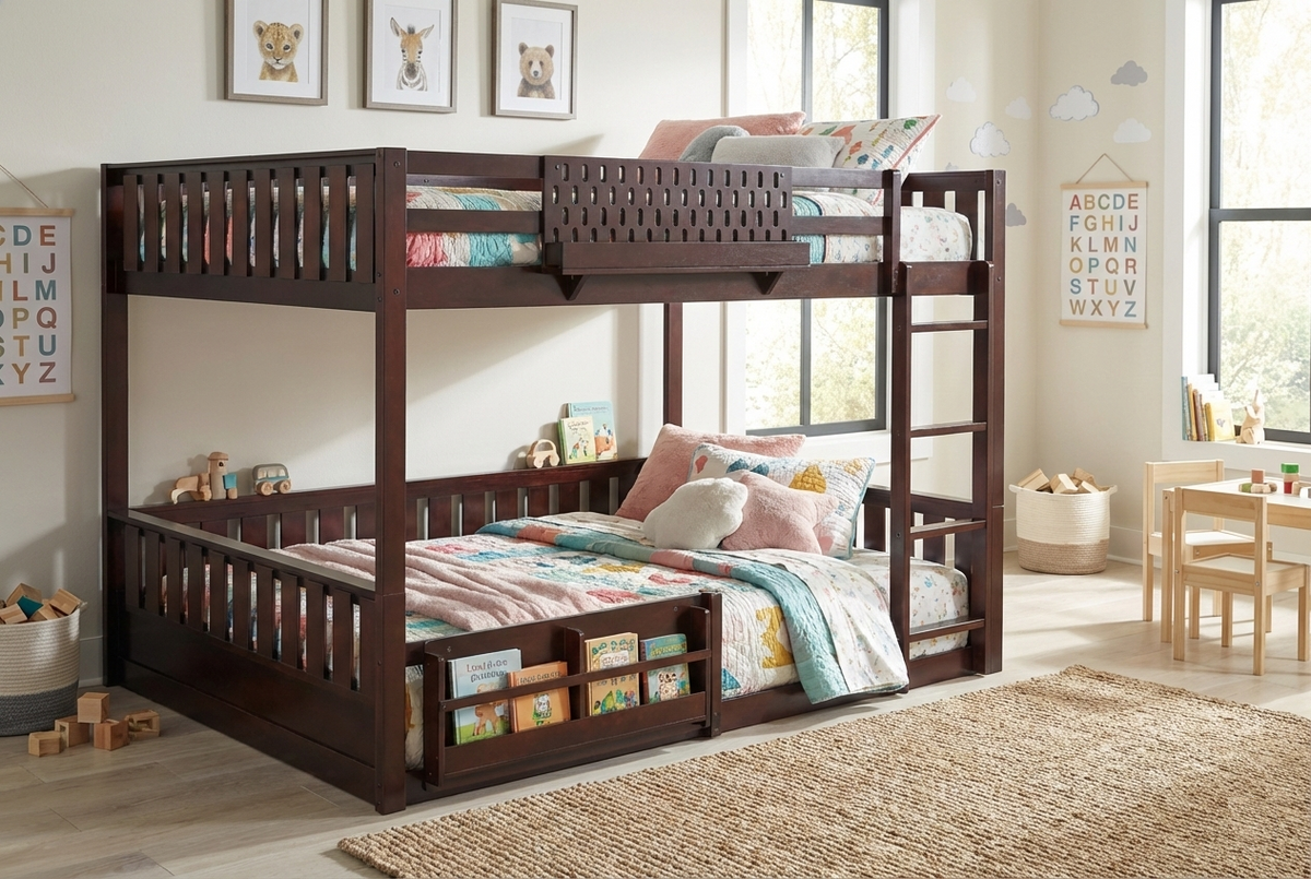 Espresso Queen-Over-Queen Bunk Bed with Built-In Bookshelves, Guardrail, and Ladder