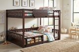 Espresso Queen-Over-Queen Bunk Bed with Built-In Bookshelves, Guardrail, and Ladder